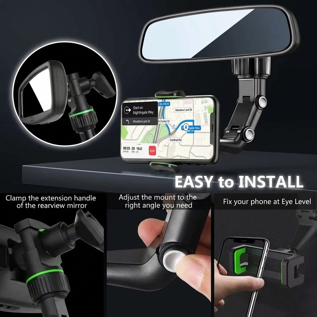 Rearview Mirror Phone Holder 360° Rotatable and Retractable Car Phone Mount Multifunctional Rear View Mirror Holder for All Car
